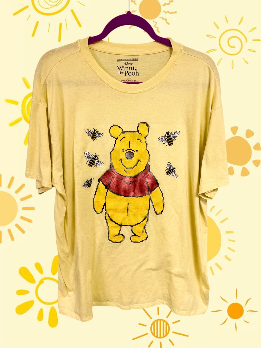 Disney Winnie the Pooh yellow tee with embroidered bees and stitched Winnie